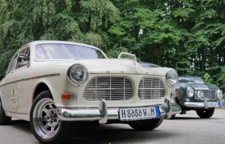 Zwei klassische Volvo-Autos stehen in einer grünen Umgebung, ideal für Autoliebhaber und Oldtimer-Fans im Urlaub.
