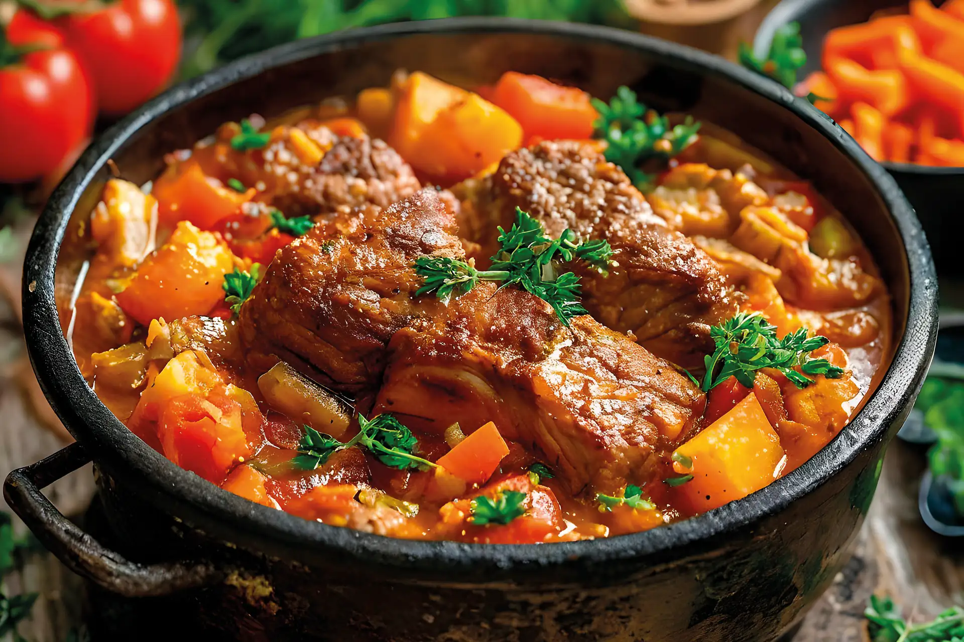 Eintopfgericht in einer gusseisernen Pfanne mit Gemüse, Fleisch und frischen Kräutern, ideal für Familienessen und gemütliche Abende.