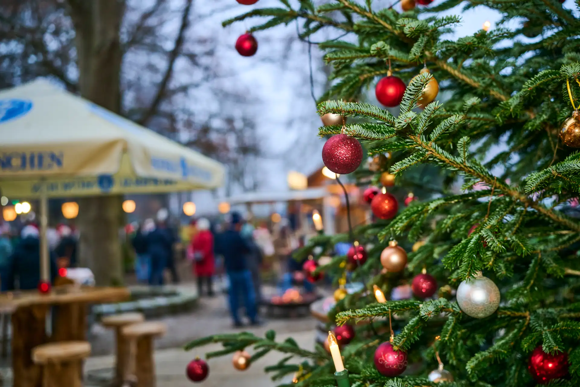 Weihnachtsmarkt mit einem festlich geschmückten Tannenbaum, umgeben von Besuchern und festlicher Beleuchtung, in einer winterlichen Szenerie.